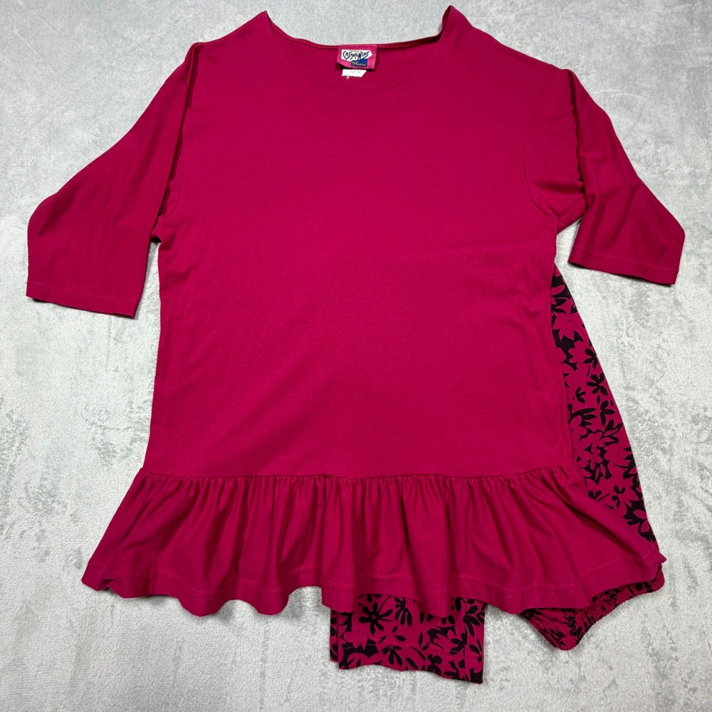 Vintage 90s Magenta Pink Cotton Blend Peplum Tunic and Floral Pants Set XL Artsy